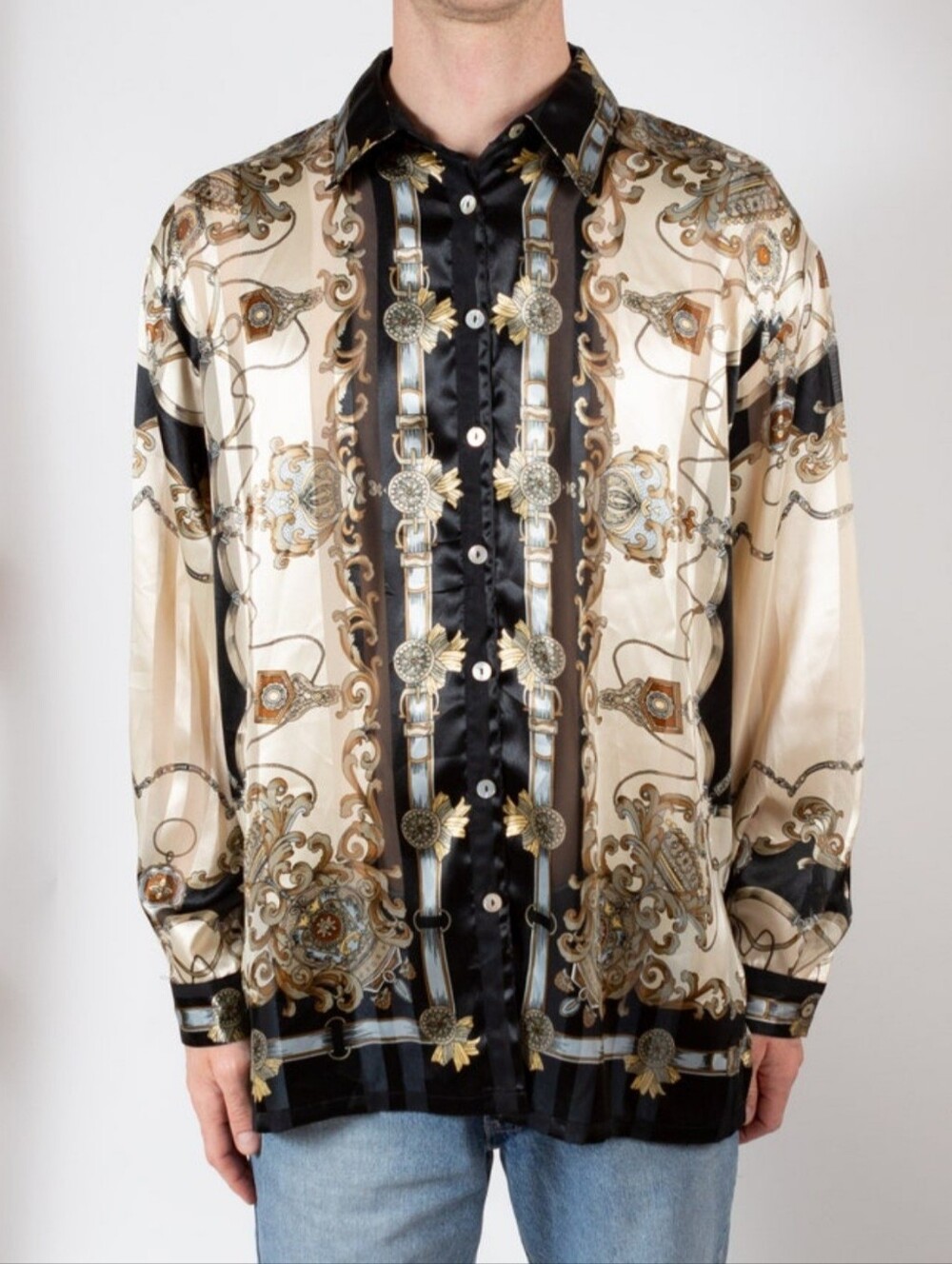 Unisex Beige & Black Patterned Button-Up shirt